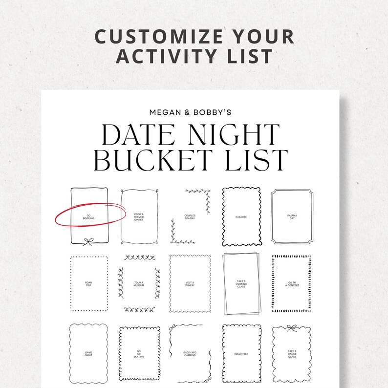 May include: A white Date Night Bucket List with the text "Megan & Bobby's" and "Customize Your Activity List". The list includes boxes for activities like bowling, cooking, and karaoke.