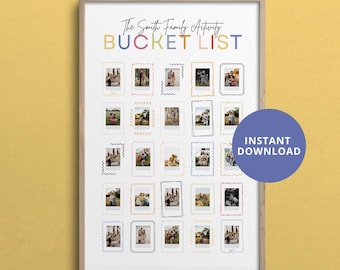 Lista de actividades de verano para un libro de aventuras familiares para niños pequeños. Actividades imprimibles con póster de fotos Polaroid para niños. Plantilla editable de Canva de 24x36.
