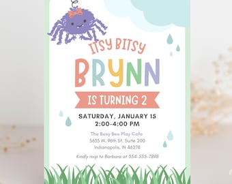 Invitación de cumpleaños de araña para el primer cumpleaños de un niño pequeño, plantilla de Canva con rima infantil, género neutro