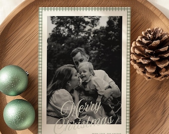 Plantilla de tarjeta navideña de cuadros vichy. Descarga de Navidad familiar. Plantilla de foto navideña digital. Diseño editable de Canva. Imprimible festivo.