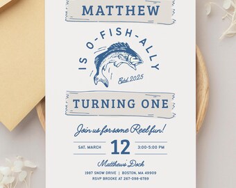 Invitación de primer cumpleaños de O Fish Ally One, invitación de pesca para niño, tema de pequeño pescador, plantilla editable de Canva