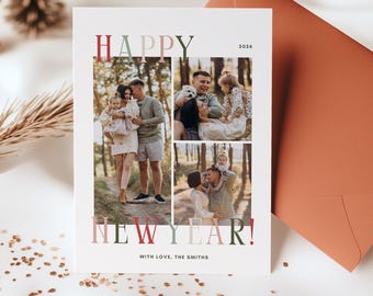 Plantilla de tarjeta de Año Nuevo, collage de varias fotos, saludo familiar colorido para las fiestas, descarga instantánea