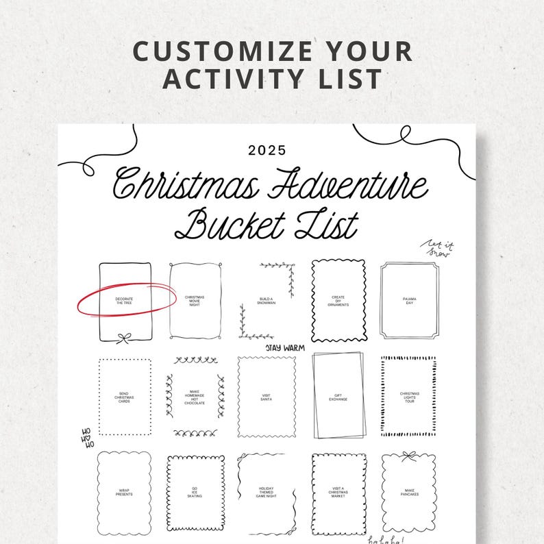 Puede incluir: Una lista de deseos navide&ntilde;a blanca para 2025, con una lista de actividades personalizable. El texto "Customize Your Activity List" est&aacute; en la parte superior. La lista incluye casillas para actividades como "Decorar el &aacute;rbol" y "Visita de luces navide&ntilde;as".