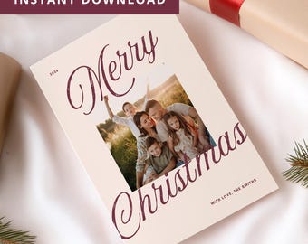 Tarjeta navideña con foto manuscrita, plantilla imprimible de felicitación navideña personalizada para Canva, descarga digital