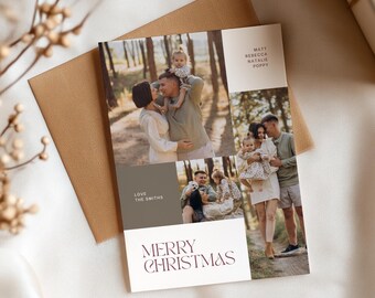 Elegante collage de fotos familiares navideñas en tonos neutros cálidos: plantilla de tarjeta navideña editable en Canva