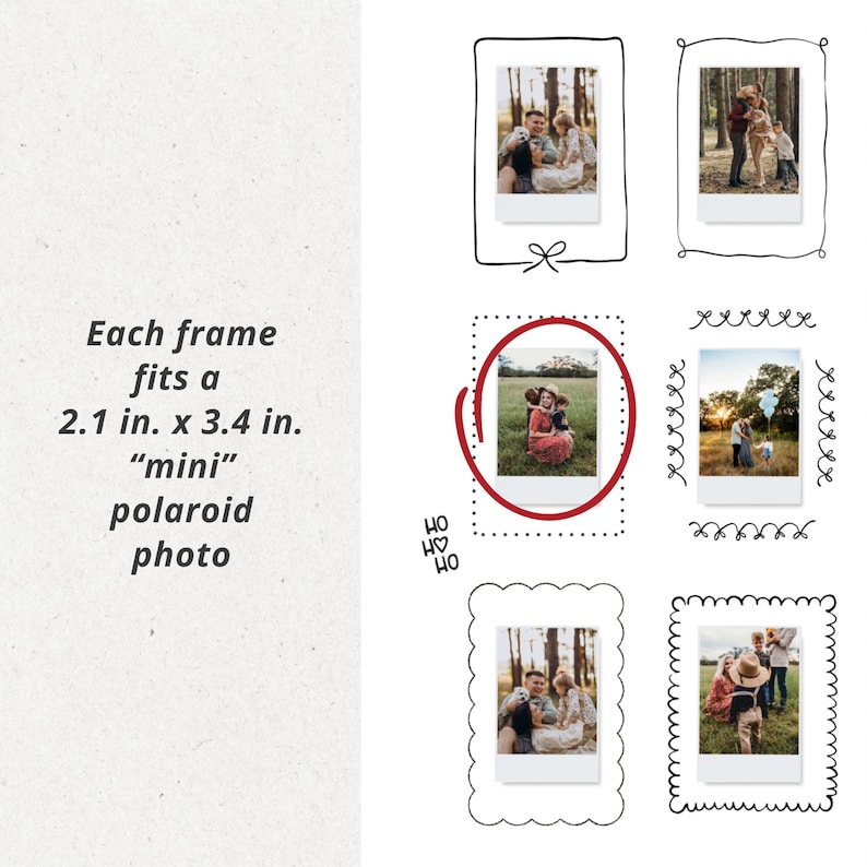 Puede incluir: Marcos de fotos polaroid en miniatura con bordes negros dibujados. Cada marco es para una foto de 5,3 cm x 8,6 cm. El texto a la izquierda dice: "Cada marco se adapta a una foto polaroid 'mini' de 2,1 pulg. x 3,4 pulg."