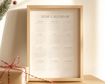 Calendario de pared 2026 de un vistazo (PDF imprimible) Descargar plantilla minimalista de calendario de una página