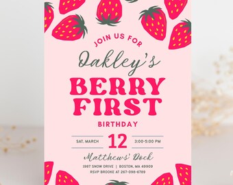 Invitación de primer cumpleaños de fresa, plantilla editable de Canva, invitación de primer cumpleaños de niña de bayas, rosa, rojo, fiesta DIY, descarga instantánea