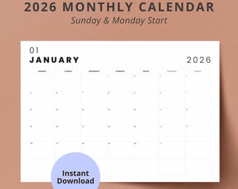 Calendario digital horizontal 2026, plantilla imprimible de 12 meses, inicio en domingo y lunes.