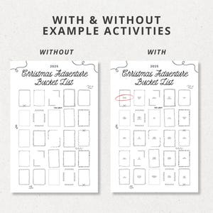 Puede incluir: Dos imprimibles blancos de lista de deseos de aventura navide&ntilde;a, uno etiquetado como "Sin" y el otro como "Con". Cada uno presenta un encabezado decorativo y numerosos espacios rectangulares para actividades. El texto "CON Y SIN EJEMPLOS DE ACTIVIDADES" est&aacute; en la parte superior.