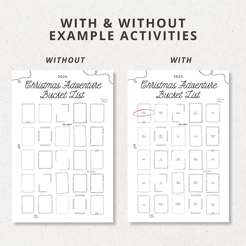Puede incluir: Dos imprimibles blancos de lista de deseos de aventura navide&ntilde;a, uno etiquetado como "Sin" y el otro como "Con". Cada uno presenta un encabezado decorativo y numerosos espacios rectangulares para actividades. El texto "CON Y SIN EJEMPLOS DE ACTIVIDADES" est&aacute; en la parte superior.