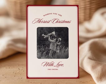 Plantilla elegante de tarjeta navideña minimalista con fuente roja cursiva. Descarga digital de felicitación navideña.