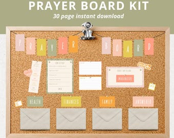 Kit de tablero de oración, collage de tablero de visión digital imprimible, guía de estudio bíblico de descarga instantánea con coloridas tarjetas de solicitud de oración.