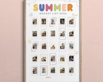May include: A framed poster titled SUMMER BUCKET LIST 2026 in colorful bubble letters. The white background features a grid of twenty-five empty rectangular frames with various hand-drawn borders, interspersed with small doodles like hearts and smiley faces.