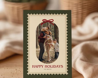 Plantillas de tarjetas navideñas con lazo, borde festoneado, editables, descarga instantánea para Canva