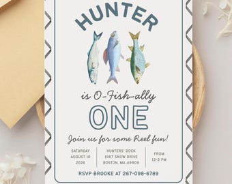 Invitación de fiesta única de Ofishally con temática de pesca para cumpleaños de bebé niño, plantilla editable de Canva, descarga instantánea