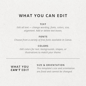 Puede incluir: Gr&aacute;fico beige con texto negro que detalla las funciones editables de una plantilla. El texto incluye opciones para editar texto, fuentes y colores. La secci&oacute;n inferior indica lo que no se puede editar: tama&ntilde;o y orientaci&oacute;n.