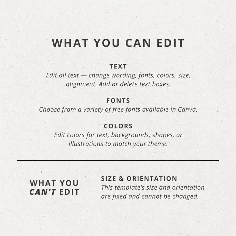 Puede incluir: Gr&aacute;fico beige con texto negro que detalla las funciones editables de una plantilla. El texto incluye opciones para editar texto, fuentes y colores. La secci&oacute;n inferior indica lo que no se puede editar: tama&ntilde;o y orientaci&oacute;n.