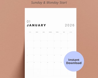 Calendario digital de 12 meses para 2026. Plantilla mensual descargable. Calendario vertical imprimible. Comienza el domingo y comienza el lunes.