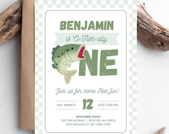 Invitación de pesca para niño de O Fishally One Birthday, tema de primer cumpleaños, plantilla de Canva personalizable, descarga instantánea