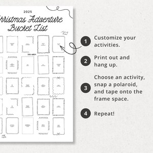 Puede incluir: Una lista de deseos de Navidad en blanco y negro para 2025. La lista incluye espacios para actividades e instrucciones: personalizar actividades, imprimir y colgar, elegir una actividad, tomar una polaroid y repetir. La lista tiene marcos decorativos.