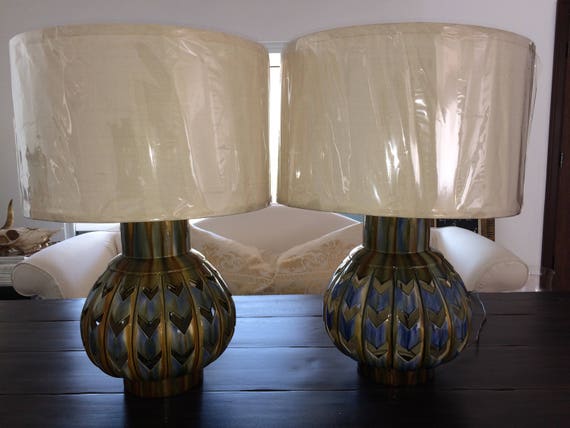 Set of VINTAGE chevron pottery lamps