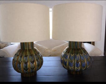 Pair of rare VINTAGE chevron pottery lamps