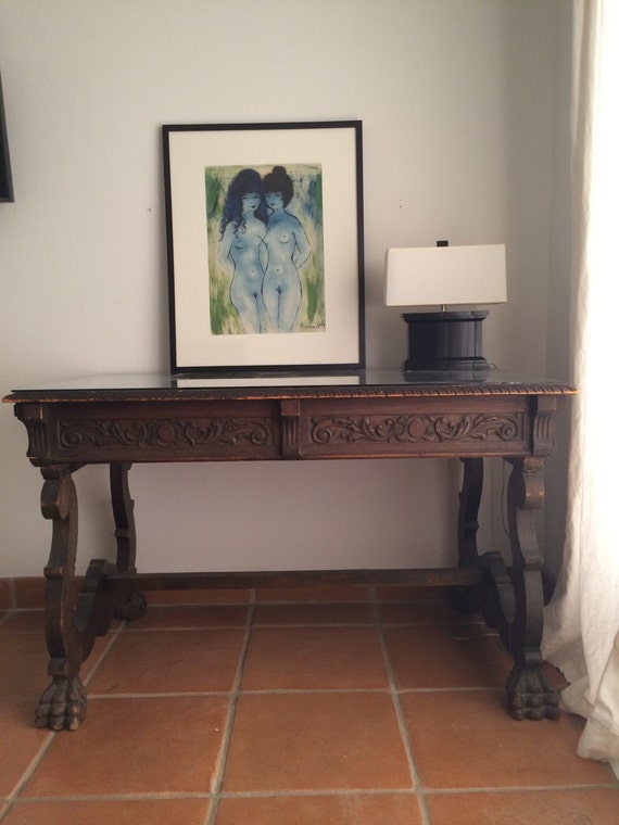 Spanish antique wood scrolled writing desk or entry table