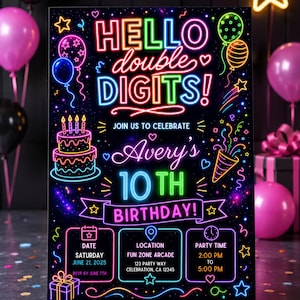 Hello Double Digits Neon Birthday Invitation Template, Glow Party Invite, 10th Birthday Neon Invite, Editable Tween Birthday Party Invite