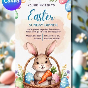 May include: Easter Sunday Dinner invitation with a watercolor illustration of a bunny holding a carrot in a basket, surrounded by Easter eggs. The invitation includes the text "You're Invited to Easter Sunday Dinner".