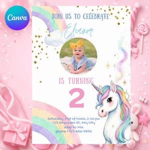 Unicorn Invitation Template Editable in Canva, Unicorn Birthday Invitation, Girls Unicorn Party Invite, Kids Birthday Instant Download