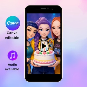 Puede incluir: Una pantalla de teléfono inteligente muestra una ilustración digital de tres mujeres sonriendo que sostienen un pastel de cumpleaños. El pastel tiene glaseado rosa y blanco. El logotipo de Canva y el texto "Canva editable" están a la izquierda. El texto "Audio disponible" también es visible.