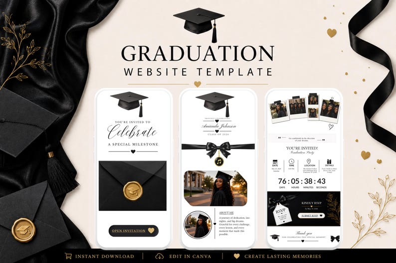 May include: A graduation website template with a black and gold theme. The design includes smartphone mockups with graduation caps, invitation text, and a countdown timer. The words "Graduation Website Template" are at the top.