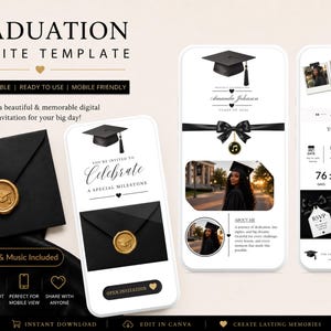 May include: A digital graduation website template with a black and gold color scheme. The design includes smartphone mockups showcasing invitation layouts, a countdown timer, and RSVP details. Text includes "Graduation Website Template" and "Create lasting memories."