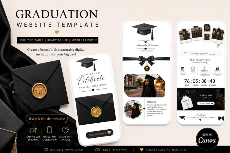 May include: A digital graduation website template with a black and gold color scheme. The design includes smartphone mockups showcasing invitation layouts, a countdown timer, and RSVP details. Text includes "Graduation Website Template" and "Create lasting memories."