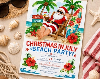 Christmas in July Beach Party Invitation, Summer Pool Party Invite, Editable Beach Invite, Printable canva template, instant download