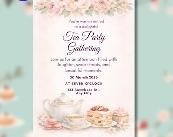 Plantilla de invitación para fiesta de té / Invitación vintage para fiesta de té con rosas rosas / Té para despedida de soltera / Tarjeta para fiesta de té de cumpleaños / Plantilla editable de Canva