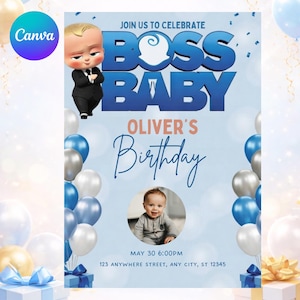 Boss Baby 1e verjaardagsuitnodiging – blauwe chevron, canvassjabloon (afdrukbare kaart)