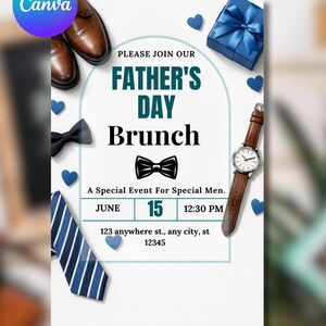 May include: A Father's Day Brunch invitation with brown shoes, a black bow tie, a blue striped tie, a blue gift box, and a watch with a brown leather strap. The invitation includes the text "PLEASE JOIN OUR FATHER'S DAY Brunch".
