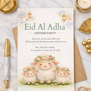 Puede incluir: Invitación a una cena de Eid Al Adha. La tarjeta presenta tres ovejas de dibujos animados con coronas de flores. El texto dice "Eid Al Adha Dinner Party" con detalles del evento. Sobre una superficie de mármol con detalles dorados.