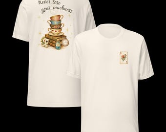 Alice Tea Party Shirt, Whimsical Teacup Stack, Wonderland Literary Tee