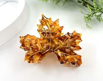 Pinza para el cabello con forma de hoja de arce, pinza marrón para el cabello, accesorios para el cabello de otoño, pinza para el cabello de acetato con diamantes de imitación