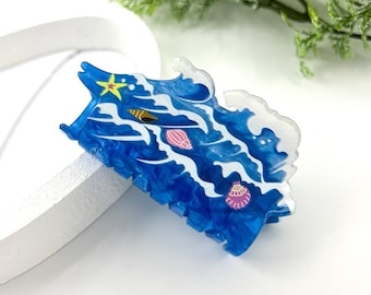 Pinza para el cabello con forma de ola marina, pinza para el cabello azul y blanca, accesorios para el cabello con diseño de mar, pinza para el cabello de acetato con forma de concha