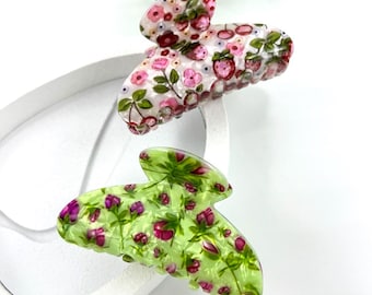 Pinza para el pelo con flores, pinza para el pelo con diseño floral verde y rosa, accesorios bohemios para el pelo, pinza colorida para el pelo