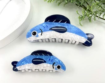 Fish Hair Clip, Sardine Hair Claw, Blue White Acetate Hair Clamp, Ocean Sea Animal Hair Accessories