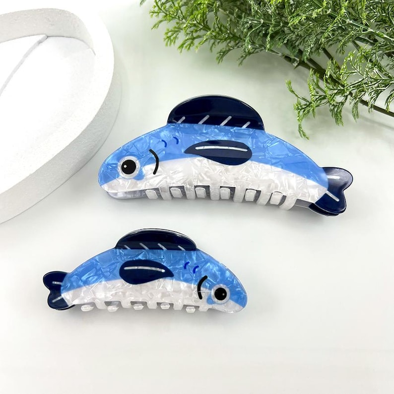 Fish Hair Clip, Sardine Hair Claw, Blue White Acetate Hair Clamp, Ocean Sea Animal Hair Accessories