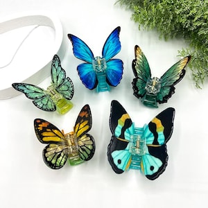 May include: Five butterfly-shaped hair clips in various colors: blue, green, yellow, and black. Each clip features a detailed wing design and a clear plastic clasp. The clips are arranged on a white surface.