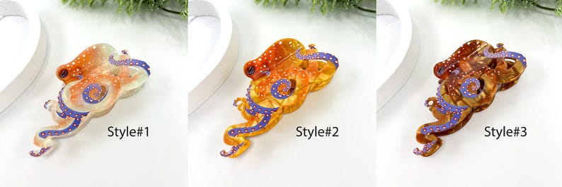 Puede incluir: Tres pinzas para el pelo de resina con forma de pulpo. El estilo #1 es naranja y blanco con detalles morados. El estilo #2 es naranja y amarillo con detalles morados. El estilo #3 es marr&oacute;n y amarillo con detalles morados. El texto "Style #" est&aacute; presente.