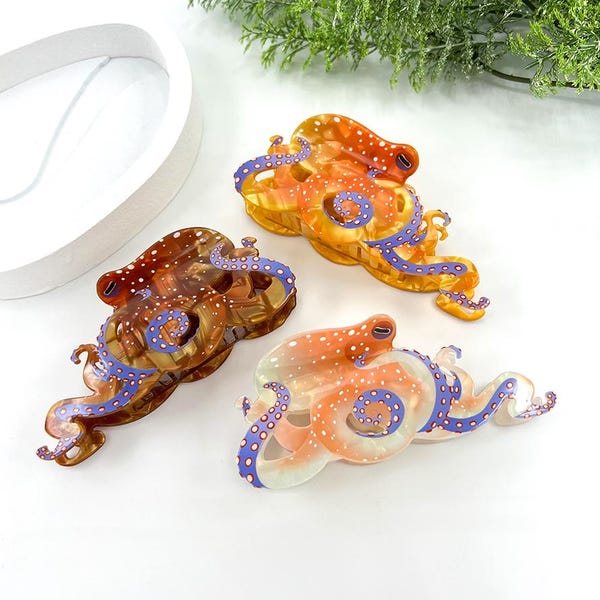 Octopus Hair Clip, Ocean Animal Hair Claw, White Brown Acetate Hair Clamp, Fun Hair Accessories
