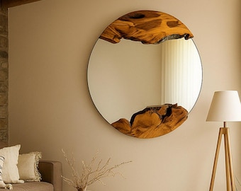 Natural Wood Handmade Live Edge Rustic Mirror, Modern Round Wall Mirror, Live Edge Olive Wood Mirror, Unique Mirror, Bathroom Mirror